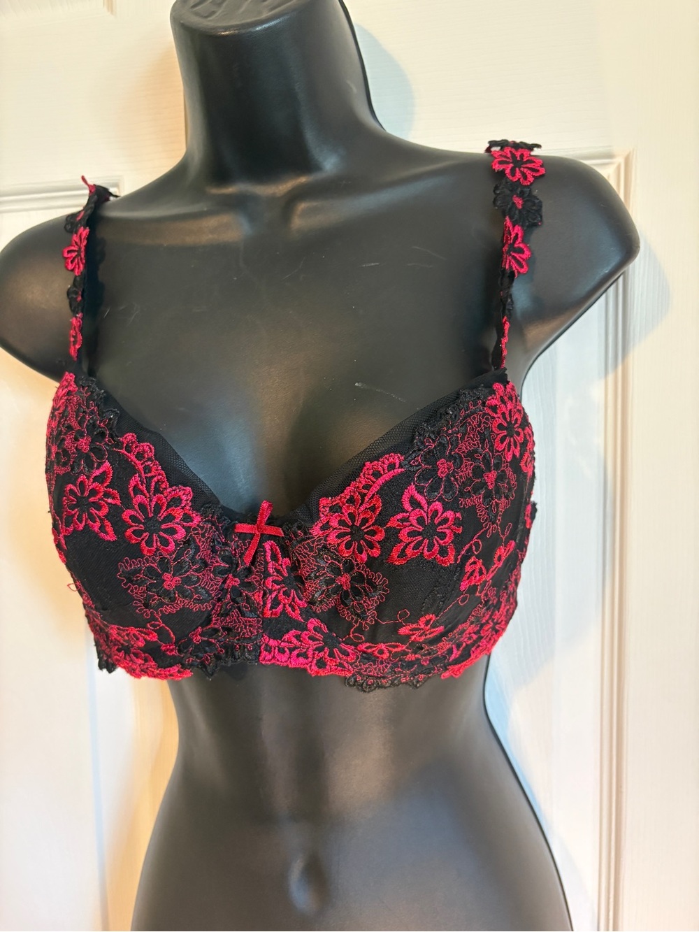La Vie En Rose Black Lace Bra with Red Floral Embroidery